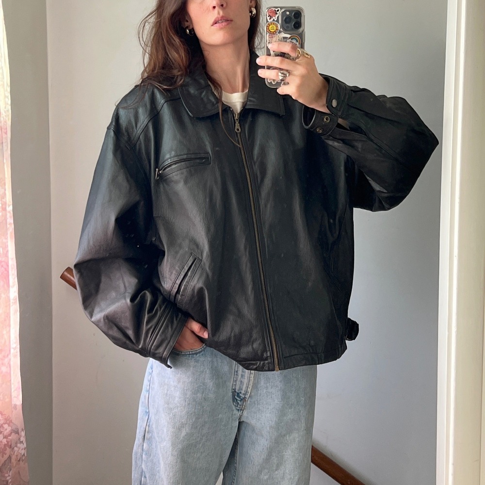 Vintage Black Leather Bomber Jacket XL Biker Moto 90s Full Zip Oversized Coat